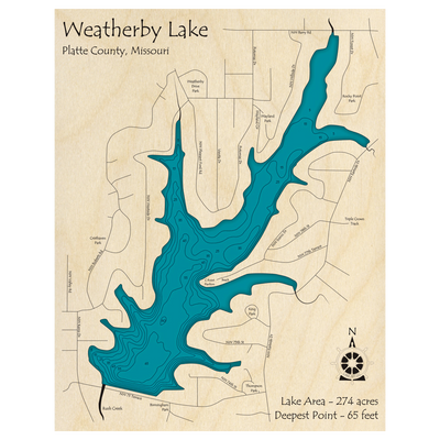 Bathymetric topo map of Weatherby Lake, MO with roads, towns and depths noted in blue water.