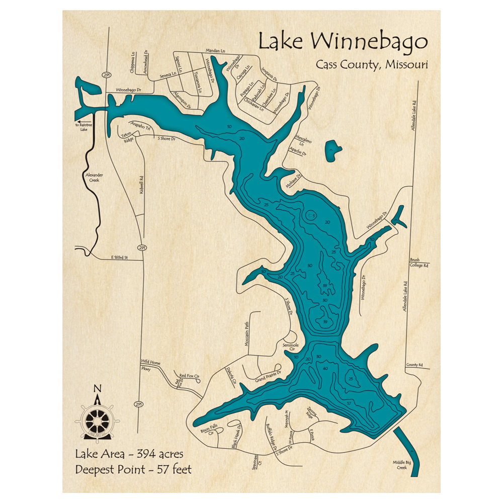 Bathymetric topo map of Lake Winnebago, MO with roads, towns and depths noted in blue water.