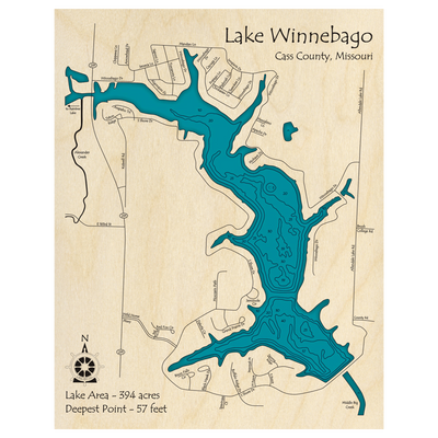 Bathymetric topo map of Lake Winnebago, MO with roads, towns and depths noted in blue water.