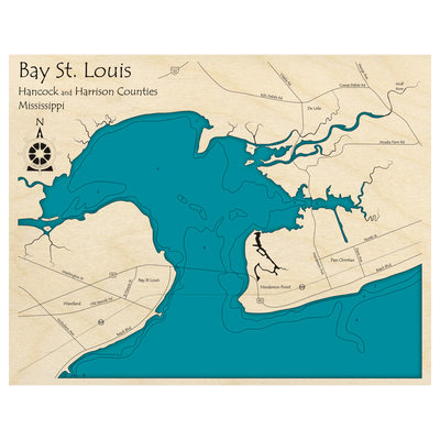 Bathymetric topo map of Bay St Louis, MS with roads, towns and depths noted in blue water.