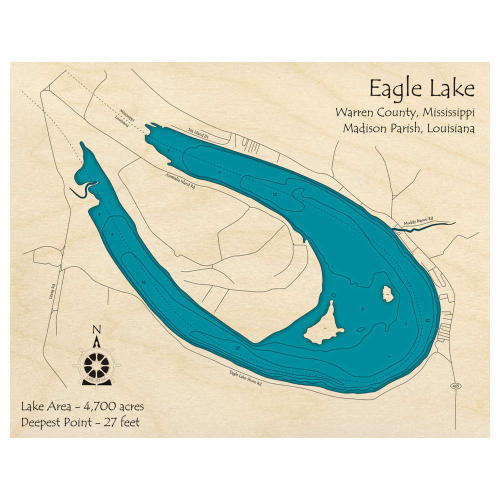 Bathymetric topo map of Eagle Lake (MS, LA) with roads, towns and depths noted in blue water.