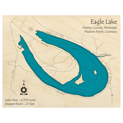 Bathymetric topo map of Eagle Lake (MS, LA) with roads, towns and depths noted in blue water.