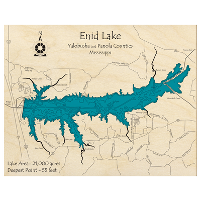 Bathymetric topo map of Enid Lake, MS with roads, towns and depths noted in blue water.