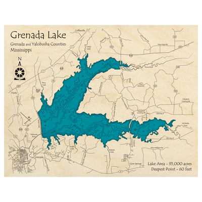 Bathymetric topo map of Grenada Lake, MS with roads, towns and depths noted in blue water.