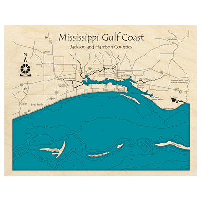 Bathymetric topo map of Mississippi Gulf Coast at Biloxi, MS with roads, towns and depths noted in blue water.