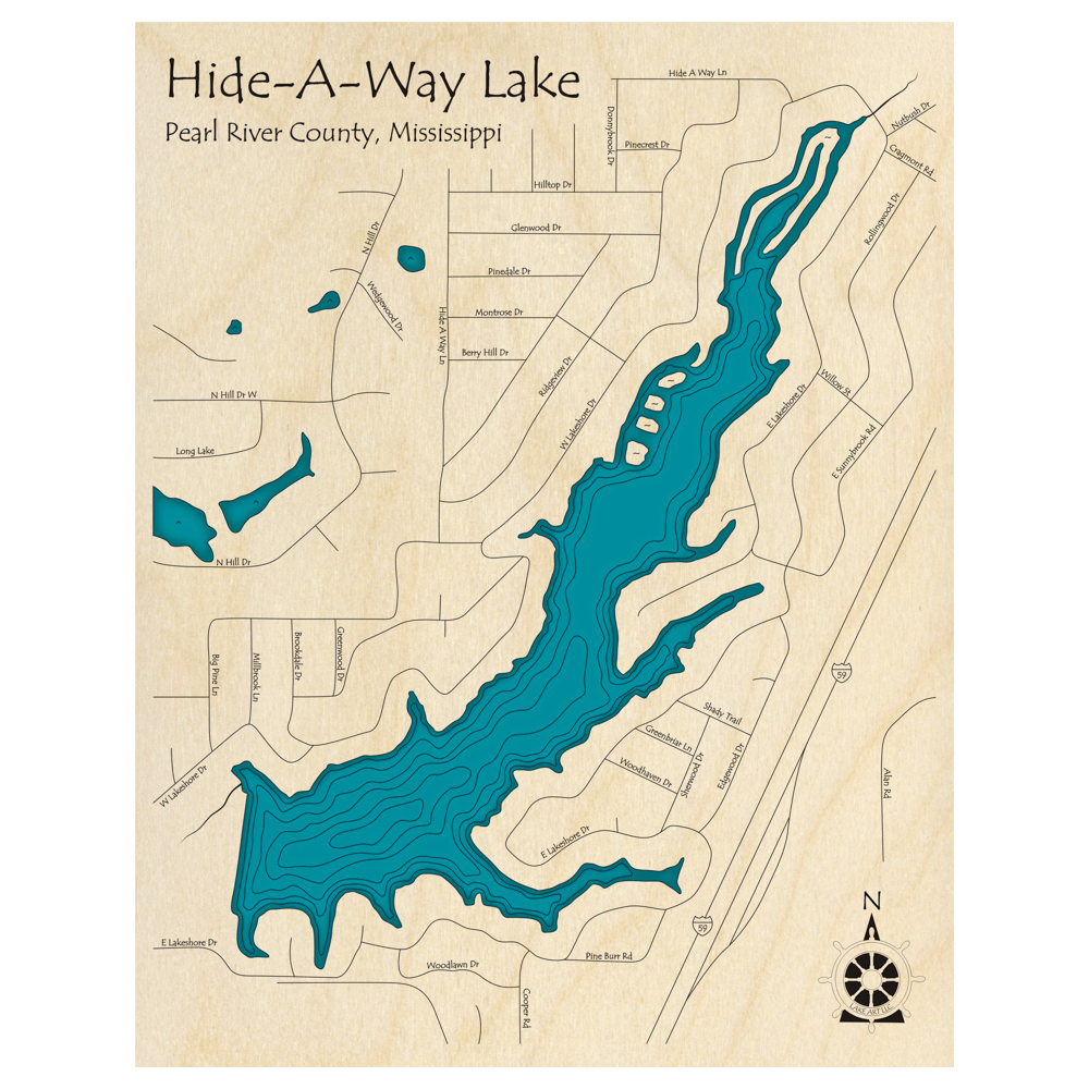 Bathymetric topo map of Hide A Way Lake, MS with roads, towns and depths noted in blue water.