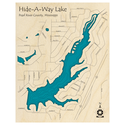Bathymetric topo map of Hide A Way Lake, MS with roads, towns and depths noted in blue water.
