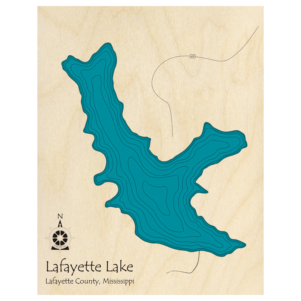 Bathymetric topo map of Lafayette Lake, MS with roads, towns and depths noted in blue water.