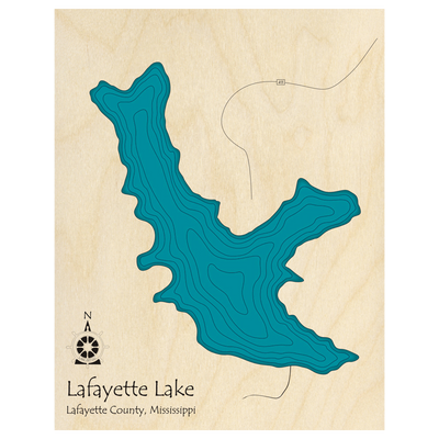 Bathymetric topo map of Lafayette Lake, MS with roads, towns and depths noted in blue water.