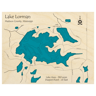 Bathymetric topo map of Lake Lorman, MS with roads, towns and depths noted in blue water.