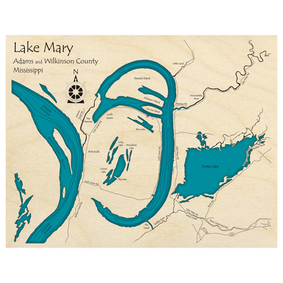Bathymetric topo map of Lake Mary, MS with roads, towns and depths noted in blue water.