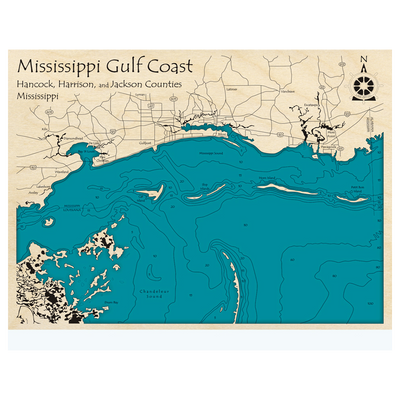 Bathymetric topo map of MS Gulf Coast, MS with roads, towns and depths noted in blue water.
