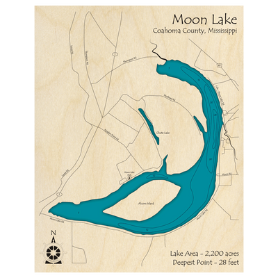 Bathymetric topo map of Moon Lake, MS with roads, towns and depths noted in blue water.