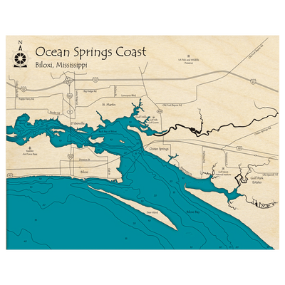 Bathymetric topo map of Ocean Springs Coast, MS with roads, towns and depths noted in blue water.