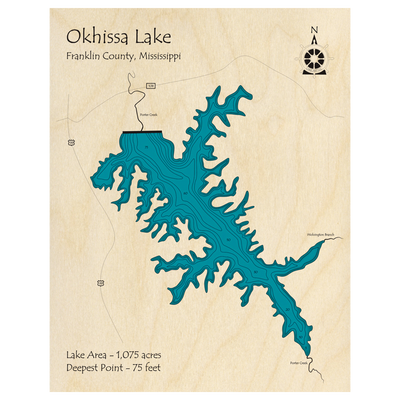 Bathymetric topo map of Okhissa Lake, MS with roads, towns and depths noted in blue water.