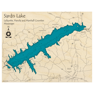 Bathymetric topo map of Sardis Lake, MS with roads, towns and depths noted in blue water.