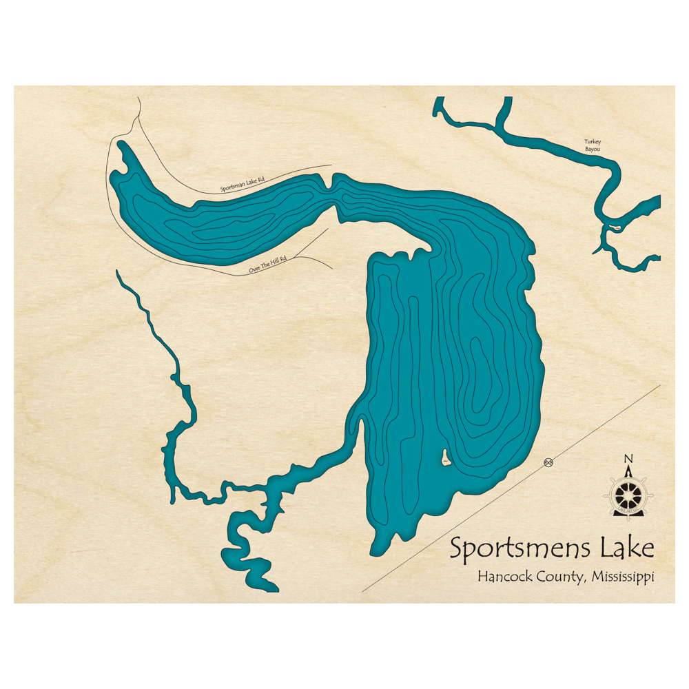 Bathymetric topo map of Sportsmens Lake, MS with roads, towns and depths noted in blue water.
