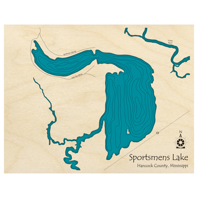 Bathymetric topo map of Sportsmens Lake, MS with roads, towns and depths noted in blue water.