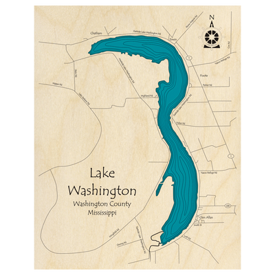 Bathymetric topo map of Lake Washington, MS with roads, towns and depths noted in blue water.
