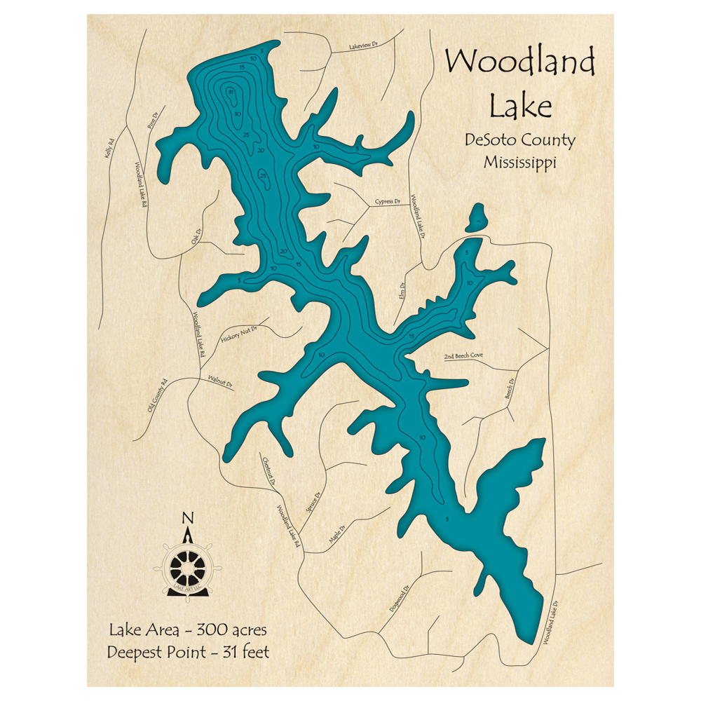 Bathymetric topo map of Woodland Lake, MS with roads, towns and depths noted in blue water.