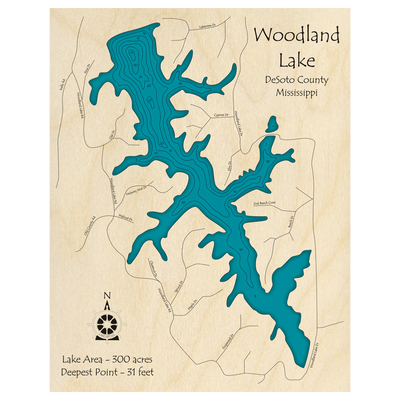 Bathymetric topo map of Woodland Lake, MS with roads, towns and depths noted in blue water.
