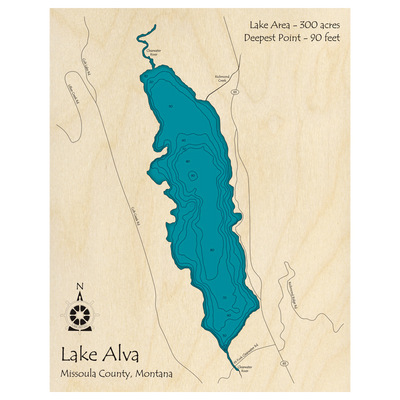Bathymetric topo map of Lake Alva, MT with roads, towns and depths noted in blue water.