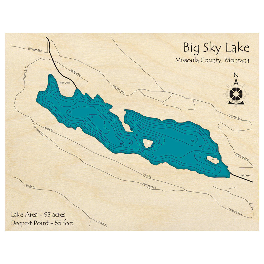 Bathymetric topo map of Big Sky Lake, MT with roads, towns and depths noted in blue water.