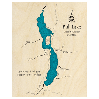 Bathymetric topo map of Bull Lake, MT with roads, towns and depths noted in blue water.