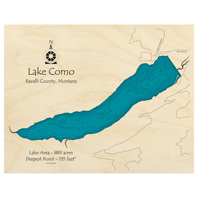 Bathymetric topo map of Lake Como, MT with roads, towns and depths noted in blue water.