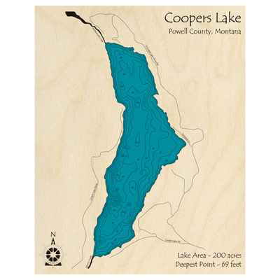 Bathymetric topo map of Coopers Lake, MT with roads, towns and depths noted in blue water.