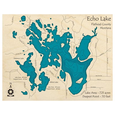 Bathymetric topo map of Echo Lake, MT with roads, towns and depths noted in blue water.