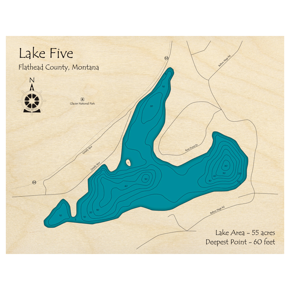 Bathymetric topo map of Lake Five, MT with roads, towns and depths noted in blue water.