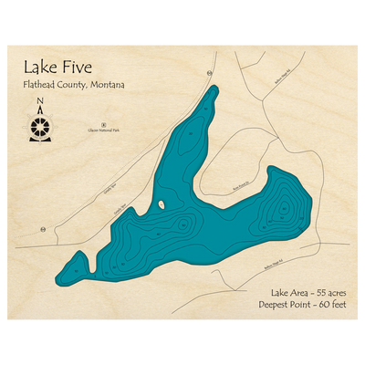Bathymetric topo map of Lake Five, MT with roads, towns and depths noted in blue water.