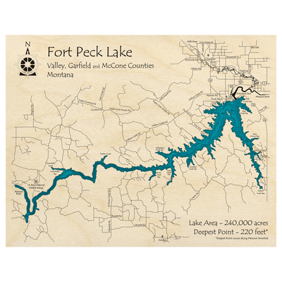 Bathymetric topo map of Fort Peck Lake, MT with roads, towns and depths noted in blue water.