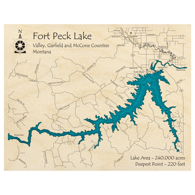 Bathymetric topo map of Fort Peck Lake, MT with roads, towns and depths noted in blue water.