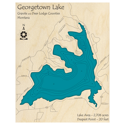 Bathymetric topo map of Georgetown Lake, MT with roads, towns and depths noted in blue water.