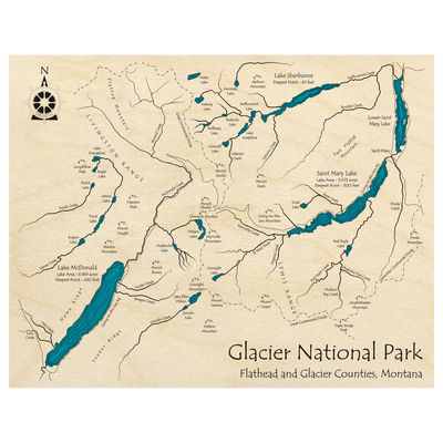 Bathymetric topo map of Glacier National Park, MT with roads, towns and depths noted in blue water.
