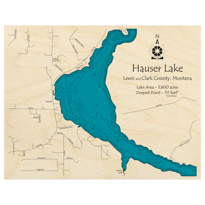 Bathymetric topo map of Hauser Lake, MT with roads, towns and depths noted in blue water.