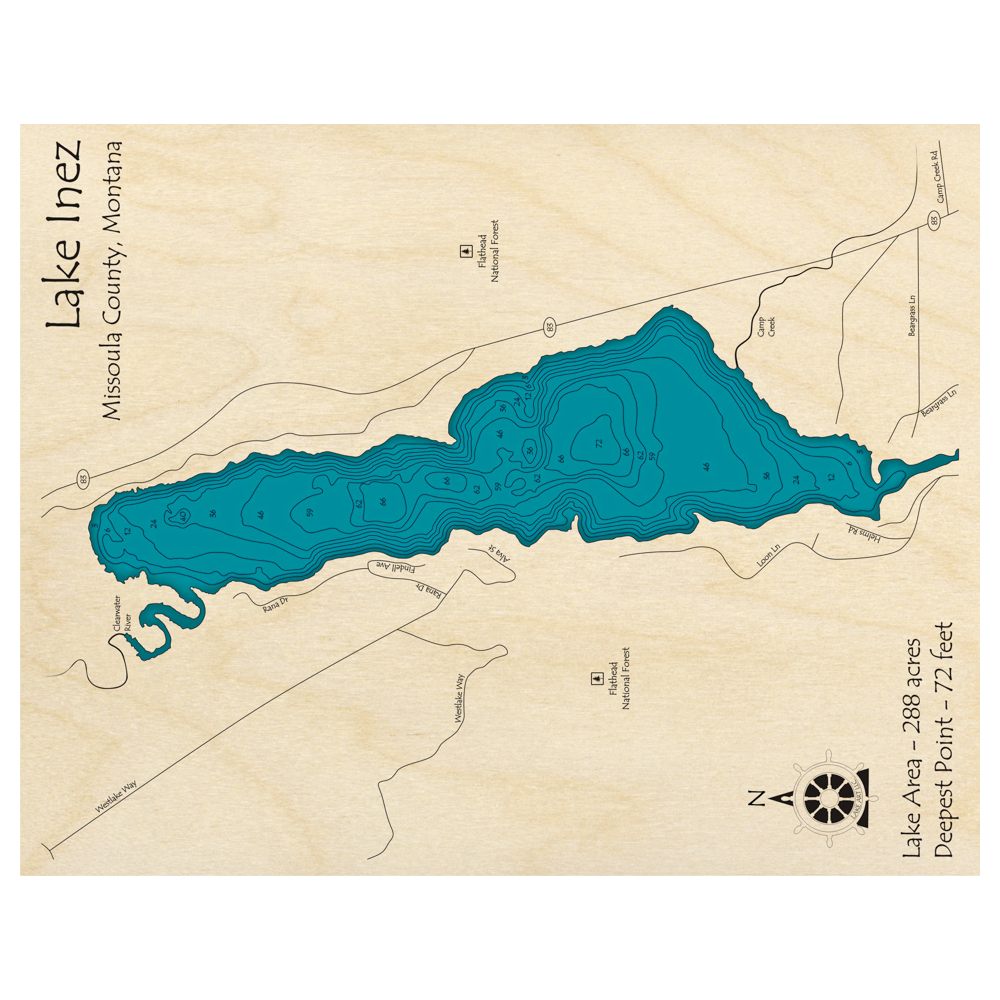 Bathymetric topo map of Lake Inez, MT with roads, towns and depths noted in blue water.