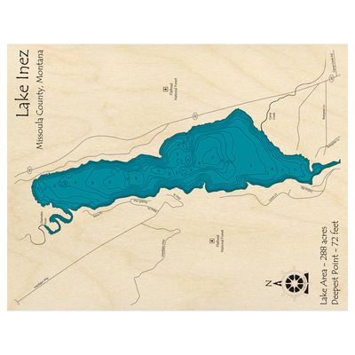 Bathymetric topo map of Lake Inez, MT with roads, towns and depths noted in blue water.