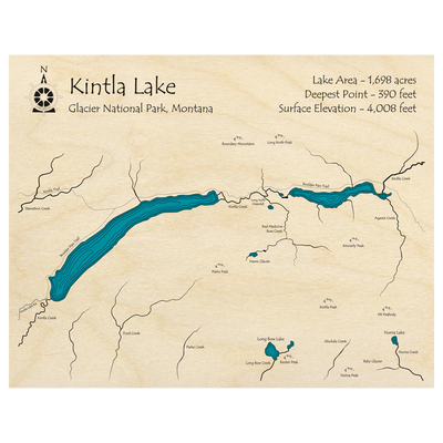 Bathymetric topo map of Kintla Lake with Upper Kintla, MT with roads, towns and depths noted in blue water.