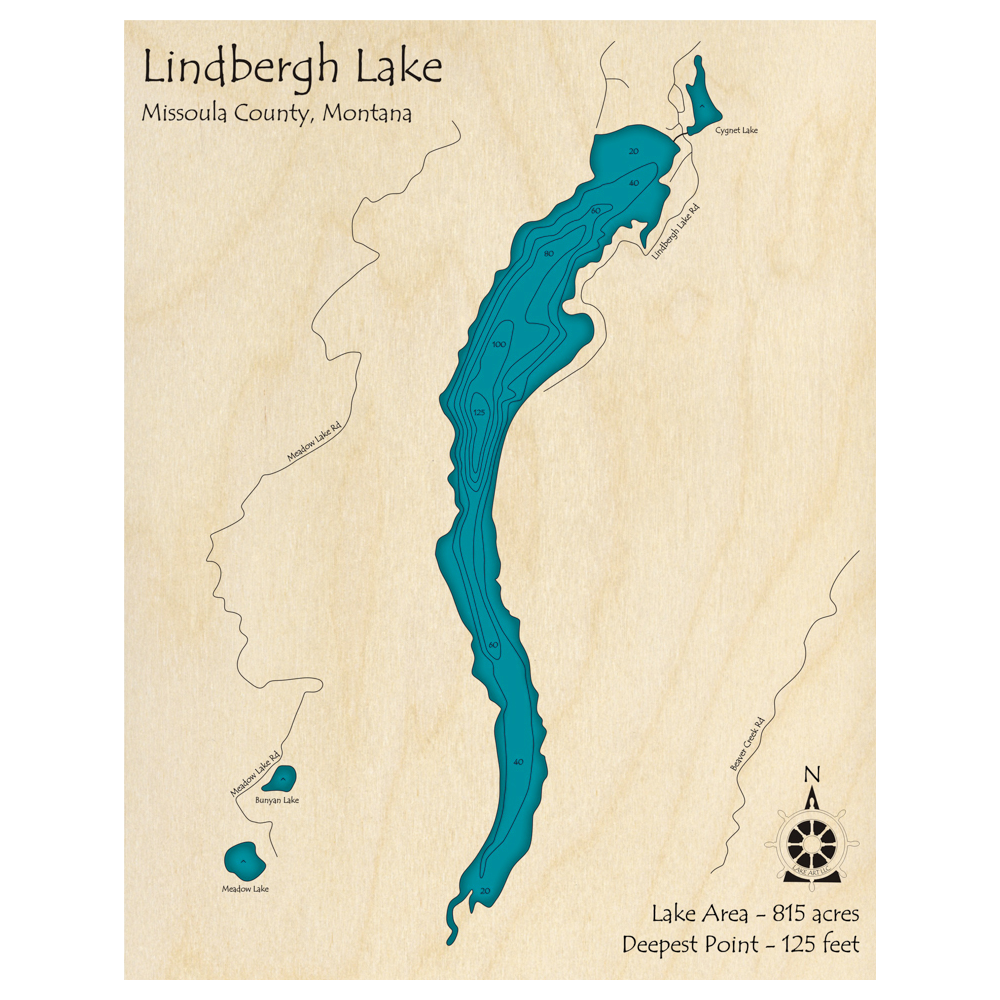Bathymetric topo map of Lindbergh Lake, MT with roads, towns and depths noted in blue water.