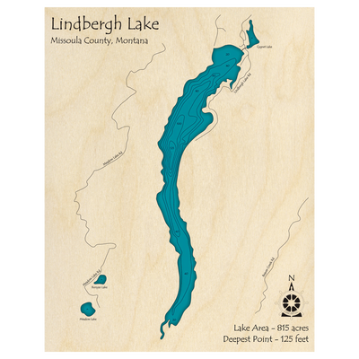 Bathymetric topo map of Lindbergh Lake, MT with roads, towns and depths noted in blue water.