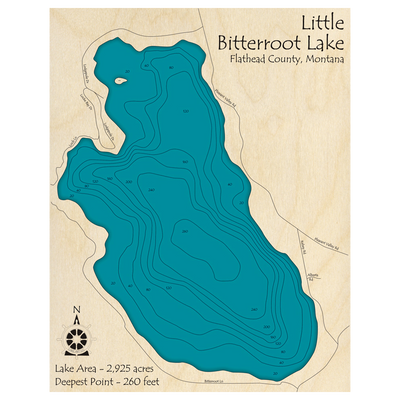 Bathymetric topo map of Little Bitterroot Lake, MT with roads, towns and depths noted in blue water.