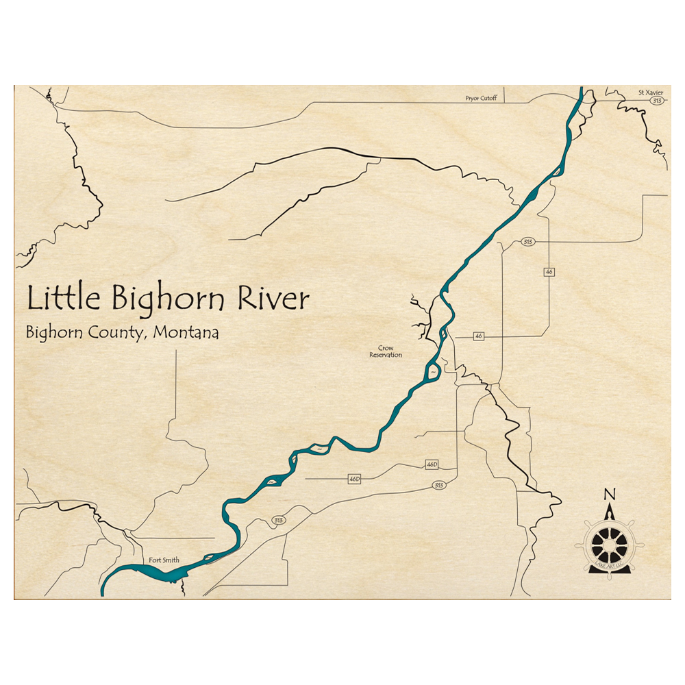 Bathymetric topo map of Little Bighorn River, MT with roads, towns and depths noted in blue water.