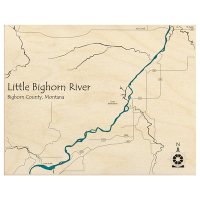 Bathymetric topo map of Little Bighorn River, MT with roads, towns and depths noted in blue water.
