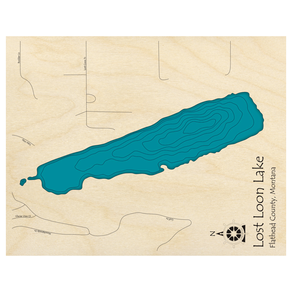 Bathymetric topo map of Lost Loon Lake, MT with roads, towns and depths noted in blue water.