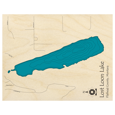 Bathymetric topo map of Lost Loon Lake, MT with roads, towns and depths noted in blue water.