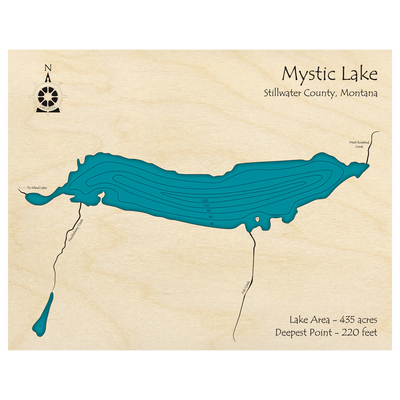 Bathymetric topo map of Mystic Lake, MT with roads, towns and depths noted in blue water.