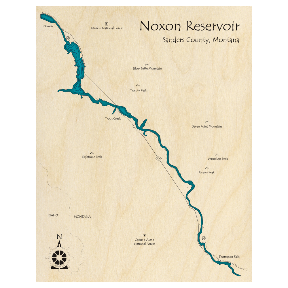 Bathymetric topo map of Noxon Reservoir, MT with roads, towns and depths noted in blue water.